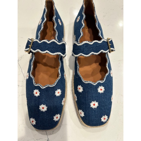Maeve Shoes - Maeve Mary Jane Flats Blue Denim Daisy Embroidered Scalloped Espadrille Shoes